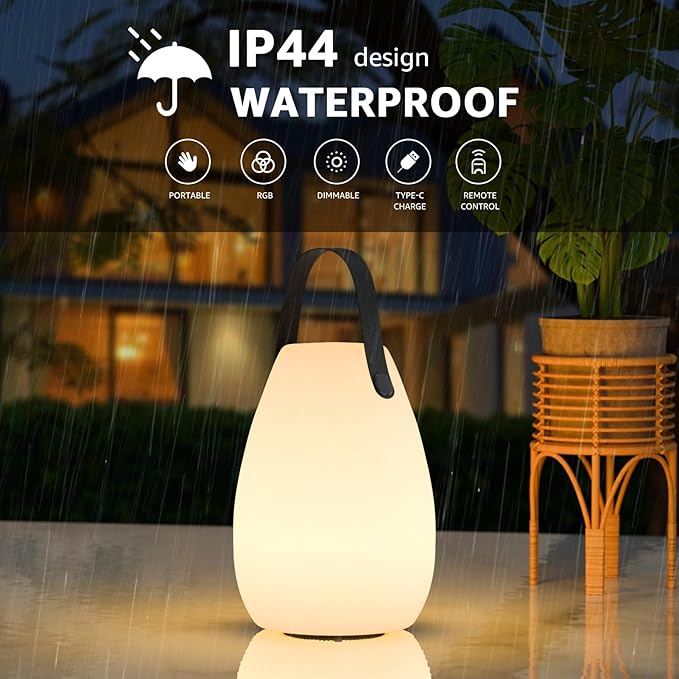 uuffoo 2 Pack Portable Outdoor Table Lamp, Dimmable Cordless Lamp with Remote and 7 RGB Colors IP44 Waterproof Hanging Lamp Indoor/Outdoor Night Lamp Lantern for Bedroom Garden Dining Camping-VerdiqueGarden