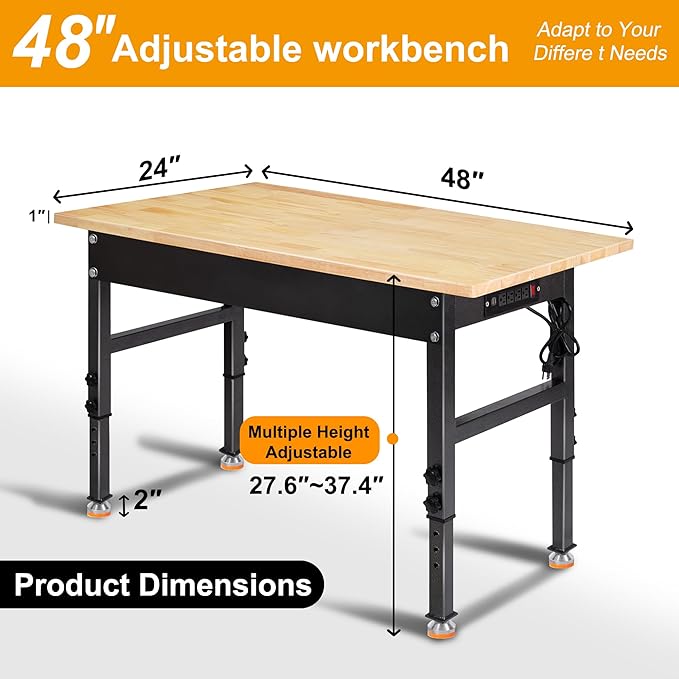 48" Adjustable Work Bench, Rubber Wood Top Workbench Heavy-Duty Work Table with Power Outlet, 2000 LBS Load Capacity Hardwood Work Benches for Garage, Workshop, Home, Office, Easy Assembly-VerdiqueGarden
