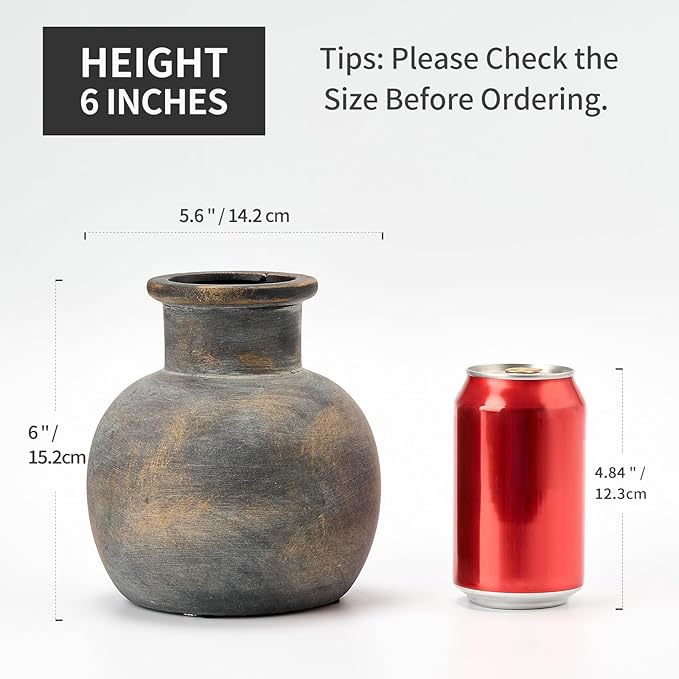 SIDUCAL Ceramic Rustic Farmhouse Vase | 6 Inch Pottery Decorative Flower | Boho | Terracotta Vase for Home Decor Table, Living Room, Bathroom Decoration, Shelf Decor, Mantel, Bronze-VerdiqueGarden