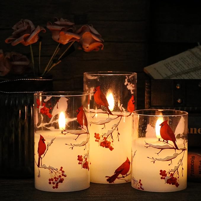 Red Bird Glass Battery Operated LED Flameless Candles with Remote Timer, Real Wax LED Candles Warm Color Flickering Light for Festival Wedding Home Party Decor(Pack of 3, 3”x4”5”6”)-VerdiqueGarden
