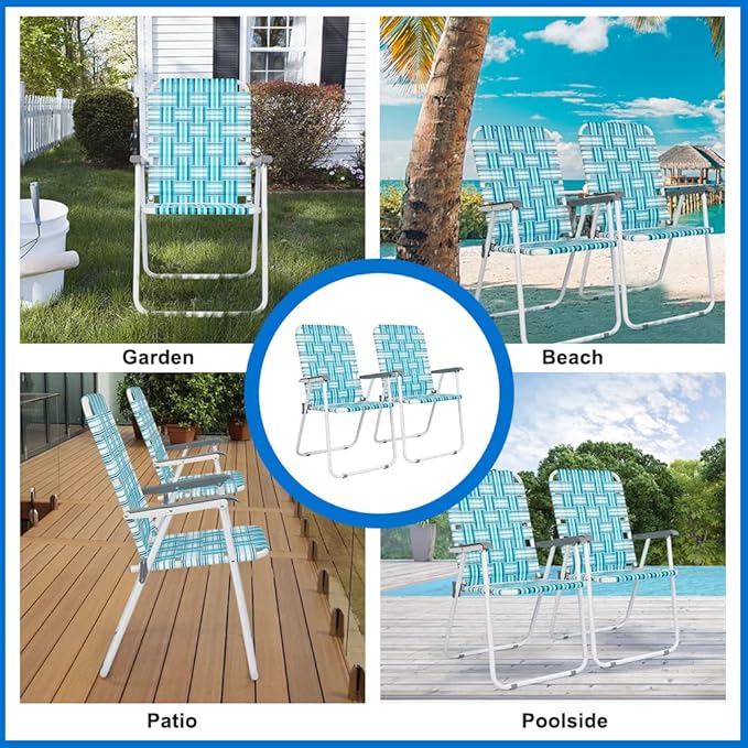 VINGLI Patio Lawn Webbed Folding Chairs Set of 4, Outdoor Beach Chair Portable Dining Chair for Outdoor Yard, Garden (White & Blue, Classic)-VerdiqueGarden