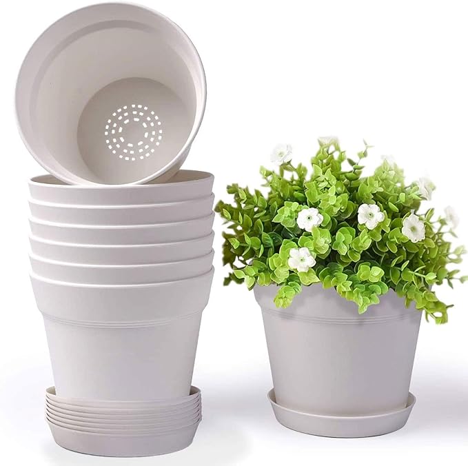 Homenote Pots for Plants, 8 Pcs 7.5 Inch Plastic Planters with Multiple Drainage Holes and Tray - Plant Pots for All Home Garden Flowers Succulents, Cream White-VerdiqueGarden