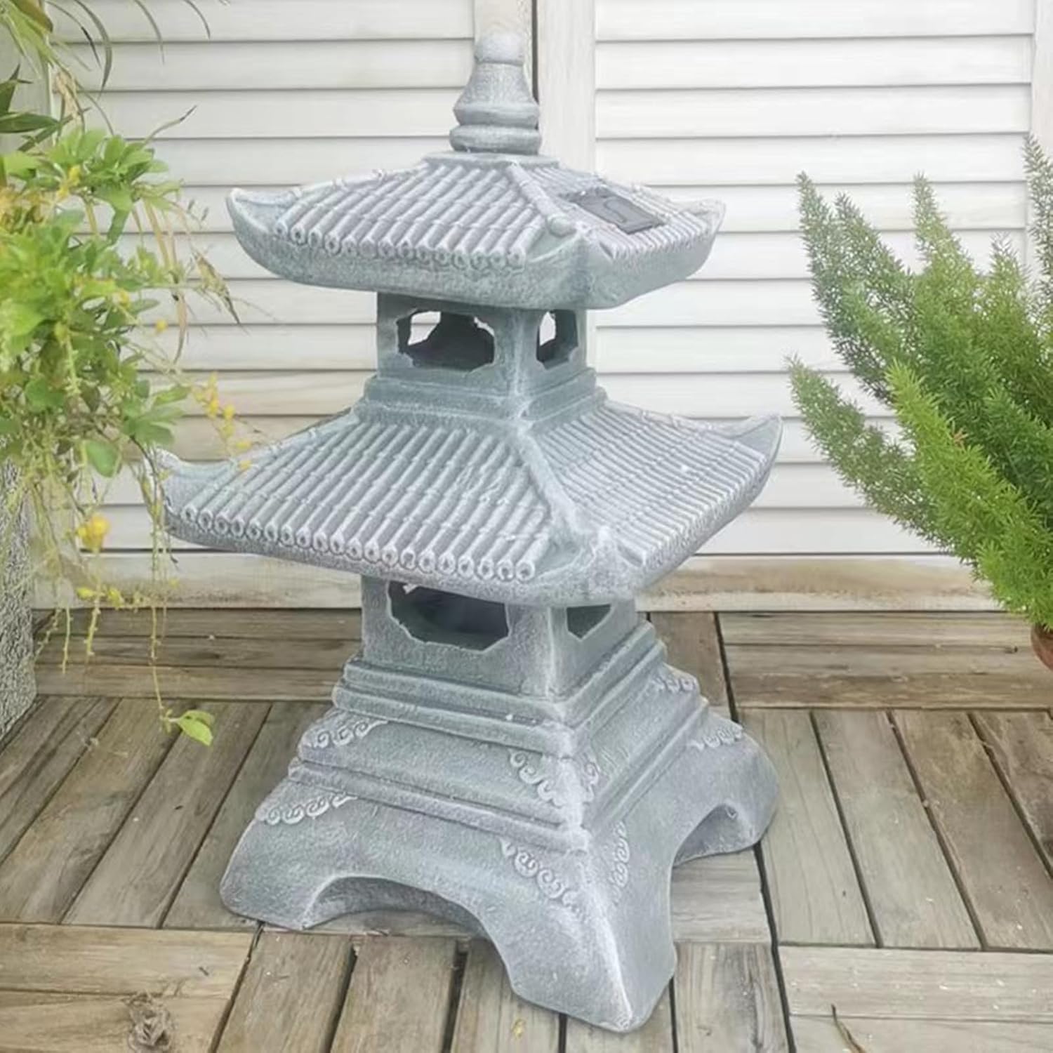 Outdoor Solar Pagoda Lantern,2 Tier Pagoda Lantern Garden Statue,Zen Garden Lantern Pagoda,Pagoda Lantern Japanese Style. for Zen Lawn Garden Decoration and Christmas Ornament (Solar Lights)-VerdiqueGarden