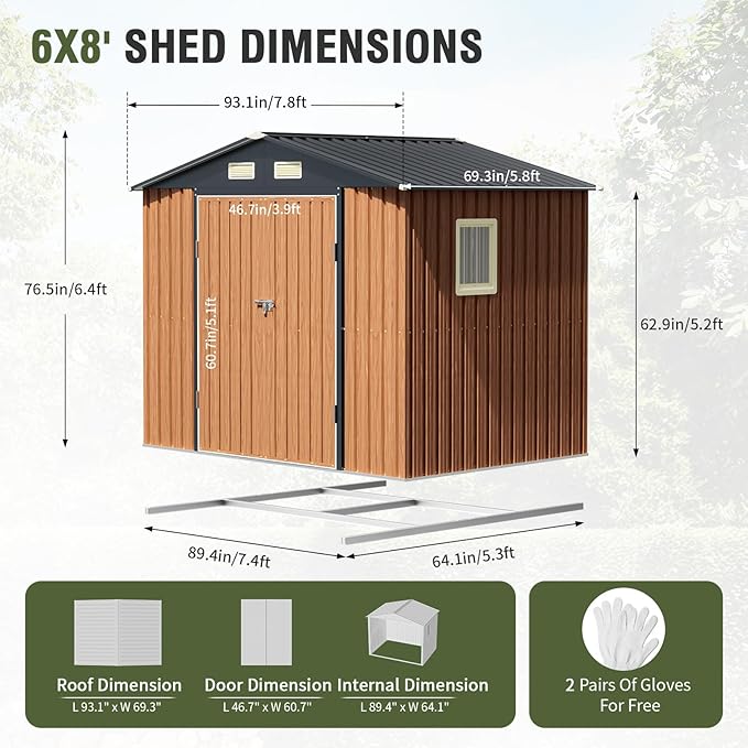 8x6 Ft Storage Shed, Large Outdoor Shed with Floor Base, Window, Lockable Doors, Outside Steel Shed for Garden, Backyard, Lawn, Patio Utility, Tool Storage-VerdiqueGarden