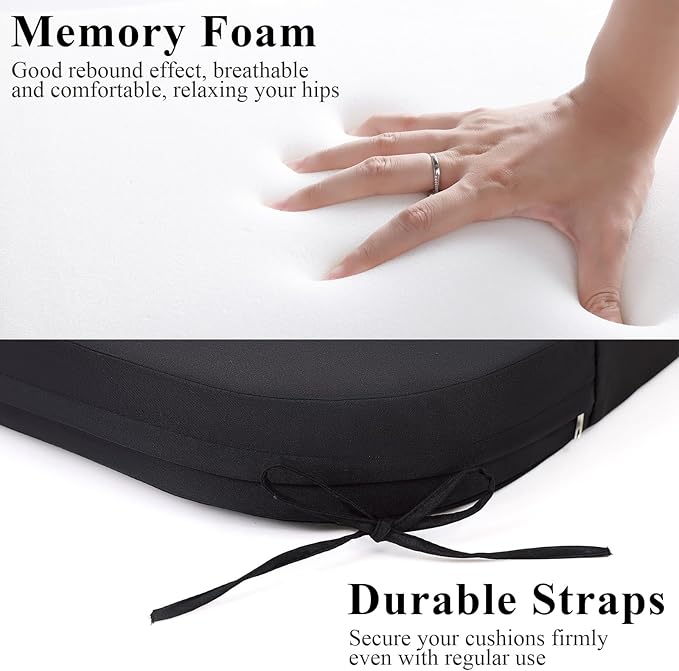 Outdoor Chair Cushions Set of 2, Waterproof Foam Patio Seat Cushions with Ties for Garden Sofa & Dining Furniture, 3-Year Color Fastness, 18x18x3 Inch, Black-VerdiqueGarden