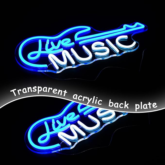 Guitar Neon Sign Blue White Live Music for Wall Decor Dimmable Guitar Led Light up Sign Letter Neon Signs Art Decorative Lights for Music Studio Live Streams Nightclub-VerdiqueGarden