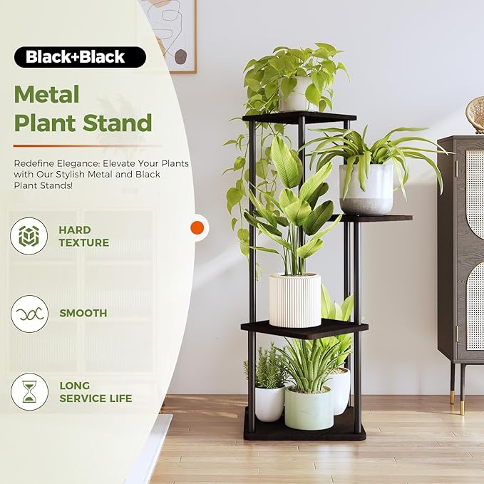 Bamworld 4 Tier Plant Stand Indoor, Small Metal Plant Shelf for Multiple Plants, Corner Flower Stand for Patio Garden Balcony Living Room Bedroom(Black)-VerdiqueGarden