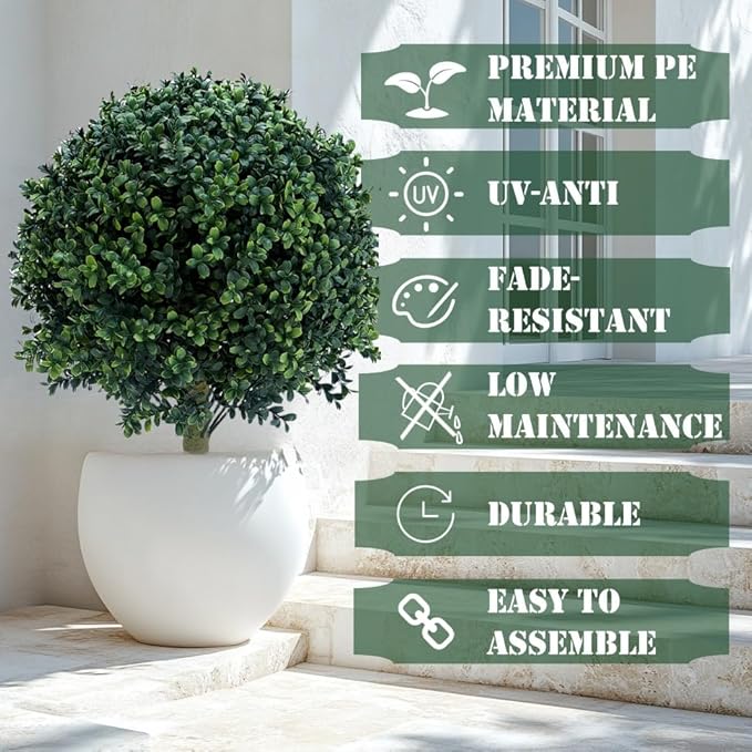 23.6 Inches Set of 2 Artificial Boxwood Topiary Ball Tree with Ground Spike, Faux Bushes UV Resistant Faux Greenery Shrubs, Fake Boxwood Plants for Indoor, Front Porch Decor, Garden, Yard-VerdiqueGarden