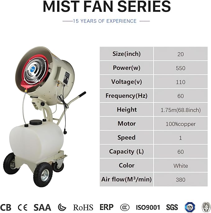 "Commercial Outdoor Mist Cooling Fan - Ideal for Stores, Carnivals, Stadiums, Yards - 55L Water Tank, 12-Hour Continuous Operation, Connects to Water Supply, Cools 1400 sq ft" (110V-550W-20inch)