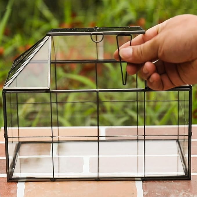 HighFree Geometric Terrarium Planter with Swing Lid, House Shape Black Handmade Glass Box, Vintage Tabletop Miniature Terrarium, for Succulent, Cacti, Air Plants (Not Watertight - 9.2x5.5x7.3 inch)-VerdiqueGarden