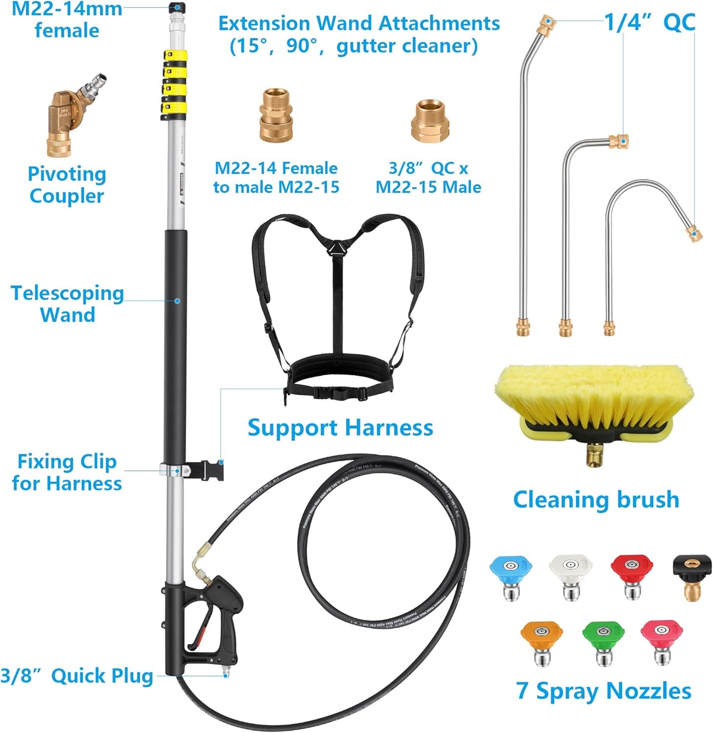24FT Telescoping Pressure Washer Extension Wand, Aluminum Power Washer Extension Wand, Solar Panel Cleaner Pole with Brush Head, 7 Nozzle Tips, 3 Adapters, Support Belt-VerdiqueGarden