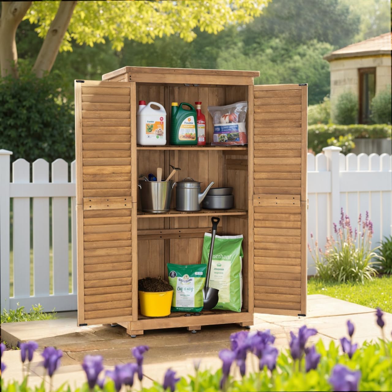 MCombo Outdoor Storage Cabinet, Garden Storage Shed, Outside Vertical Shed with Lockers, Outdoor 63 Inches Wood Tall Cabinet for Yard and Patio 0870 (Natural)-VerdiqueGarden