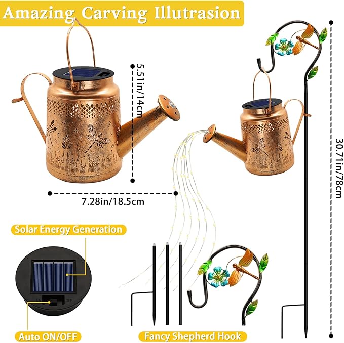 Solar Powered Dragonfly Watering Can Lights Waterproof Outdoor Garden Decor with Shepherd Hook, Hanging Patio Lights for Yard, Porch, Backyard Perfect Gardening & Birthday Gift for Women, Mom, Grandma-VerdiqueGarden