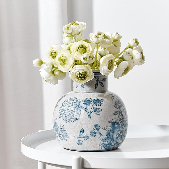 SIDUCAL Blue and White Vintage Vase | 6 Inch Ceramic Chinoiserie Floral | Retro Ice Cracked Blue and White Porcelain Vase for Table, Living Room, Bathroom Decoration, Wedding, Shelf Decor, Mantel-VerdiqueGarden