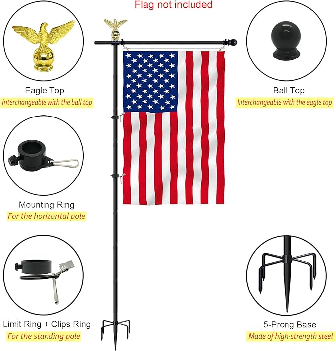 10FT Garden Flag Pole Stand for 3x5 Feet & 28x40 Inch Flags – Heavy Duty Freestanding Flagpole with 5-Prong Base – Adjustable, Lightweight Aluminum Flag Holder for Yard, Outdoor, Lawn – Black-VerdiqueGarden