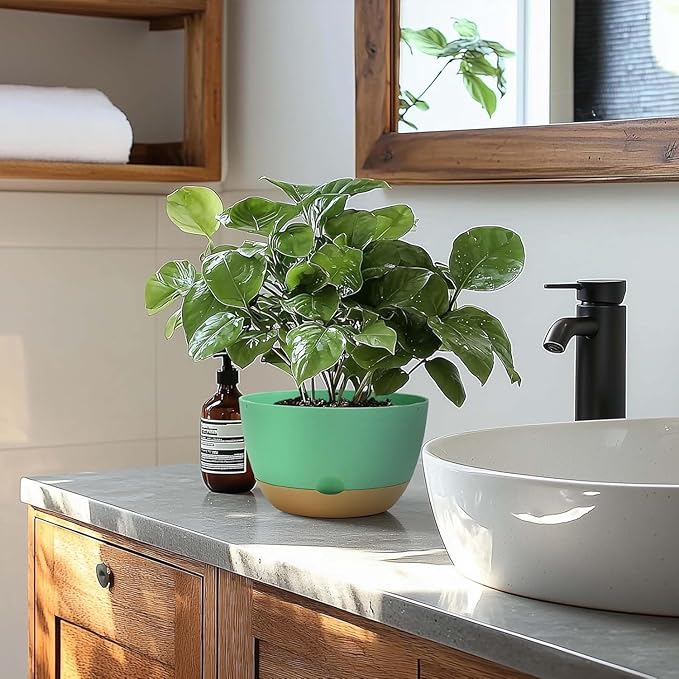 10 Inch Pots for Indoor Plants, Large Self Watering Planters with Drainage and Saucers, Plastic Outdoor Flower Pot, Set of 2, Green-VerdiqueGarden