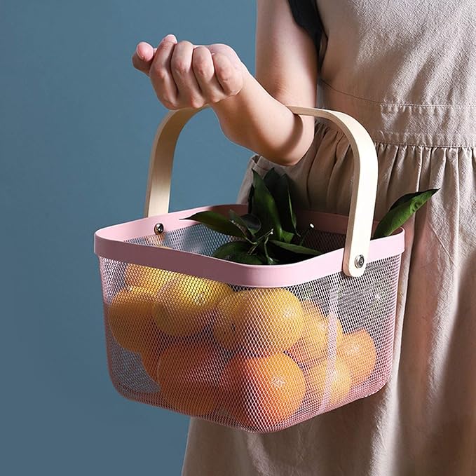 Metal Mesh Steel Basket, Storage Organizer Basket Multi-functional Hanging Kitchen Baskets Fruit Basket Bin with Bamboo Handle for Kitchen Bathroom Picnic Shopping Decor Cabinet Home, Pink-VerdiqueGarden