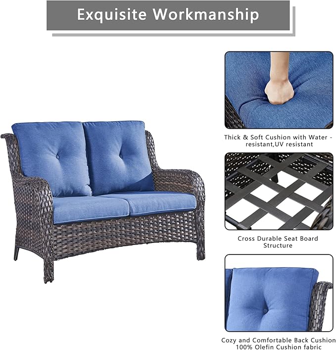 Outdoor Wicker Patio Furniture Set - 6 Piece Rattan Patio Conversation Set with 2 Rocking Swivel Chairs,2 Ottomans,1 Loveseat and 1 Side Table for Porch Deck Backyard Garden(Brown/Blue)-VerdiqueGarden