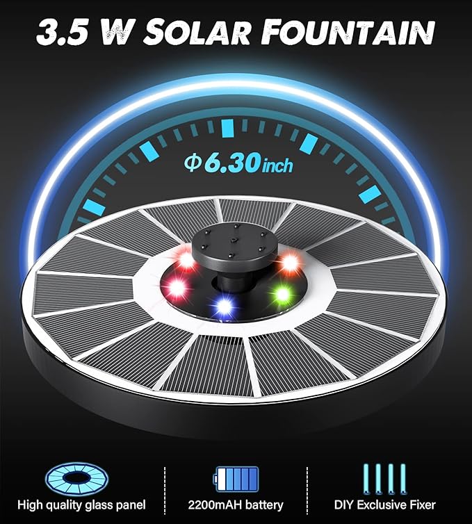 Solar Fountain Glass Panel with 2200 mah Battery, 3.5W Floating Solar Water Fountain with 4 Fixed Rods, Solar Fountain Pump for Bird Bath, Garden, Pond, Pool, Outdoor-Colorful Lights-VerdiqueGarden