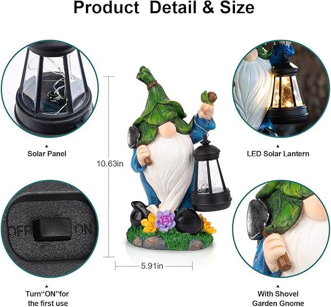 Garden Gnome Solar Figurine Lights - Solar Powered Lighting Outdoor Decorations with Lantern & Shovel, Yard Art Lawn Ornaments for Porch Patio Balcony - Gnome Gifts for Women Mom-VerdiqueGarden