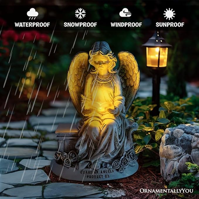 Spring & Summer-Themed Garden Statues – Adorable Outdoor Decor for Lawn, Patio & Porch (Guardian Angel Reading Book Garden Statue, 10" Solar Powered Angelic Outdoor Figurine)-VerdiqueGarden