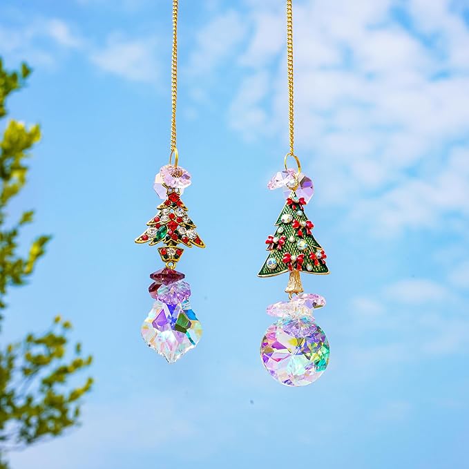 2PCS Rhinestones Christmas Tree Ornaments Suncatcher Prisms Hang for Tree Window Christmas Eve Party-VerdiqueGarden