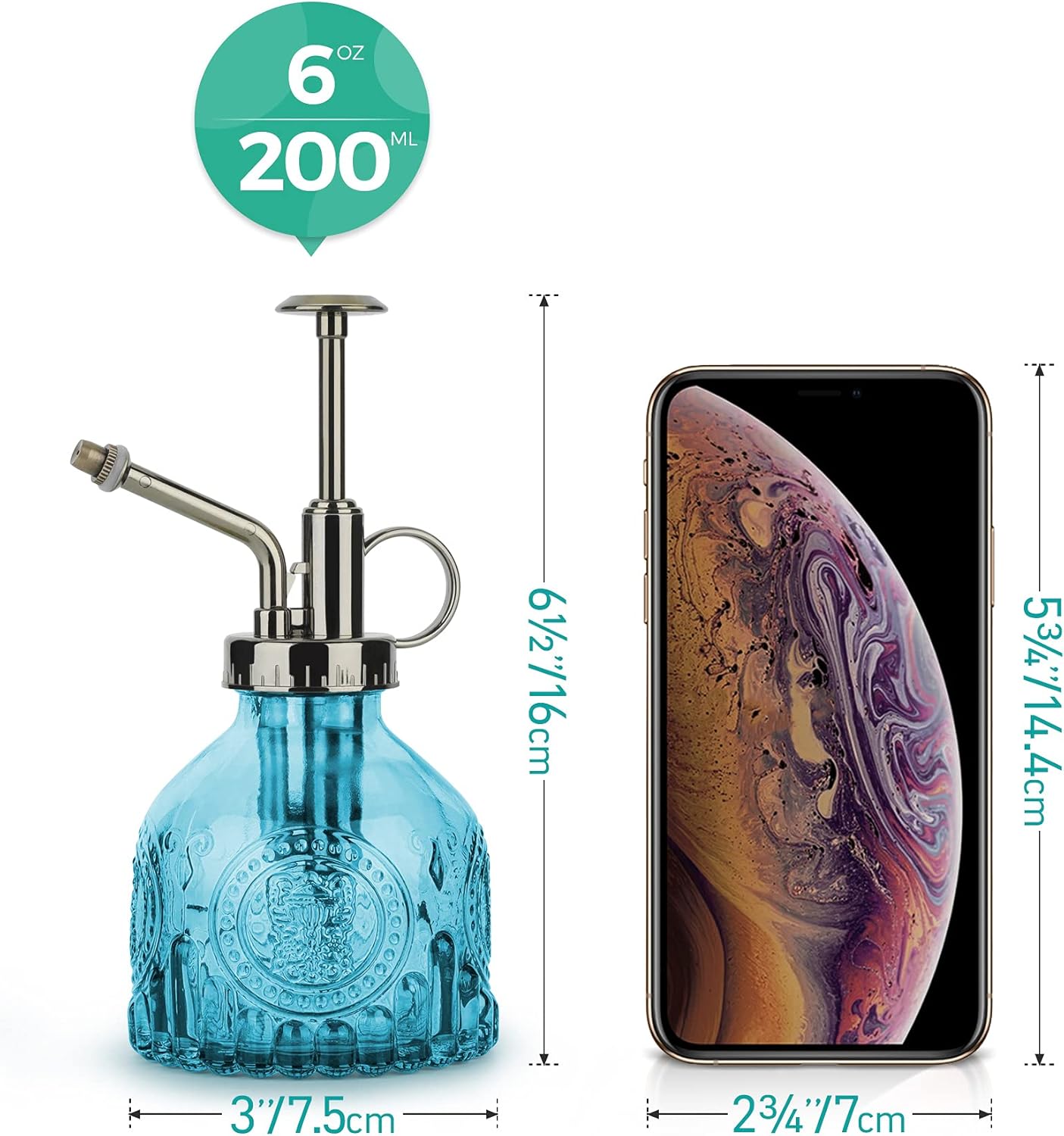 T4U Glass Plant Mister 200ML, Vintage Spray Bottle with Top Pump, Fine Mist Garden Flower Sprayer Small Decorative Spritzer Watering Can Gift for Indoor Outdoor Succulent House Plant (Aqua Blue)-VerdiqueGarden