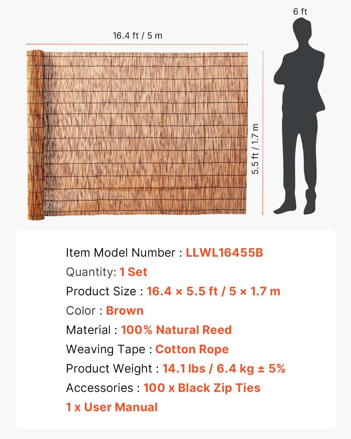 VEVOR Natural Reed Fencing,5.5ft x 16.4 ft, Decorative Bamboo Privacy Screen,Reed Fence Roll Patio Decorative Fences Reed Screen Curtain for Garden Backyard Patio Balconies,Brown-VerdiqueGarden