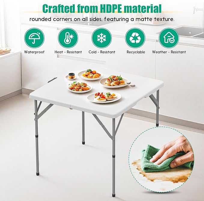 HLPB 34'' Square Folding Card Table, Fold-in-Half Portable Dining Table with Handle and Safety Lock, Foldable Plastic Dining Table Indoor Outdoor for Camping, Picnic and Party Event, White-VerdiqueGarden