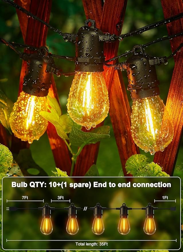 Brightown Outdoor String Lights 35FT with 10+1 Shatterproof Edison Bulbs, Waterproof Hanging Patio Lights Outside for Backyard Deck Garden Party Xmas Decor, 2700K-VerdiqueGarden