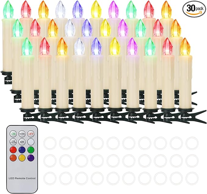 Colorful Christmas Tree Candle Lights Battery Powered Remote Control LED Taper Candles with Clips Electric Fake Candles for Halloween Garden Holiday Wedding Parties Decor (30 PCS,Colorful)-VerdiqueGarden