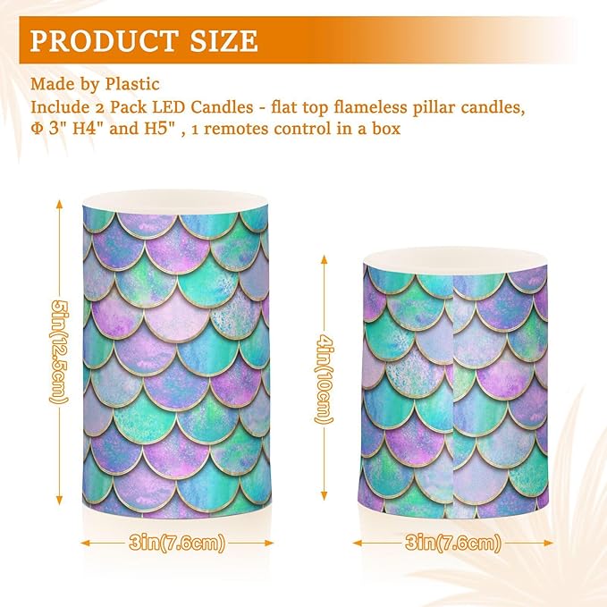 Vdsrup Flameless Candles Set of 2 Purple Teal LED Candles with Timer Battery Operated Mermaid Scale Candle Lights Flickering with Remote for Home Bedroom Decor-VerdiqueGarden