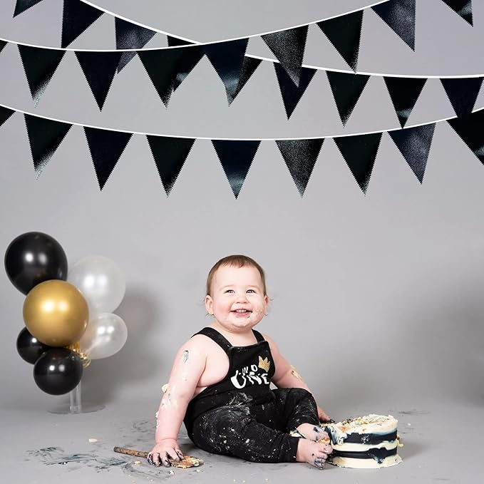 Black Party Decorations Triangle Pennant Banner Flag Black Metallic Fabric Bunting Garland for Graduation Birthday Wedding Engagement Bachelorette Holiday Halloween Celebration Hen Party Supplies-VerdiqueGarden