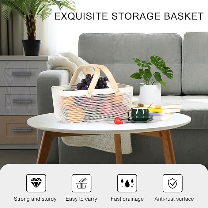 Garden Harvest Basket,Delicate Harvest Basket for Garden Vegetables,Practical Metal Mesh Wire Basket with Handle Suitable for Bathroom,Cabinet,Kitchen(White)-VerdiqueGarden