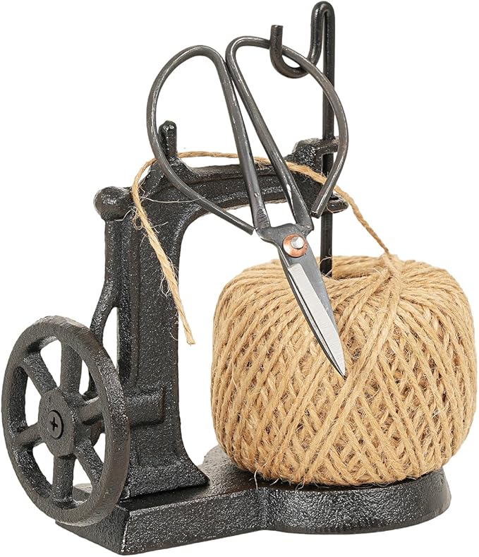 Sungmor Cast Iron Twine Holder and Scissors Set, Vintage Jute Twine Garden String Holder, Decorative Twine Dispenser with Cutter for Crafting, Gardening, Gift Wrapping, Sewing Machine Shape-VerdiqueGarden