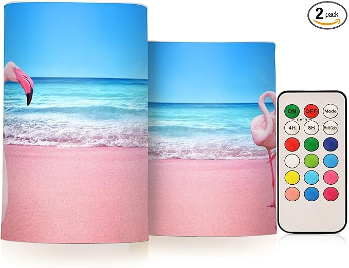 Flickering Flameless Candles, Pink Flamingo on Beach LED Candles with Remote Timer, Set of 2 Battery Operated Candle for Valentine Wedding Birthday-VerdiqueGarden