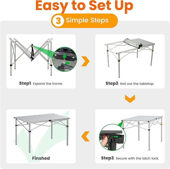 Large 46.4" Camping Table for 2-6 People - 220lbs Capacity Heavy Duty Foldable Outdoor Table with Aluminum Roll-Up Top & Carry Bag, Portable Picnic Desk for BBQ, Tailgating, Backyard (Silver)-VerdiqueGarden