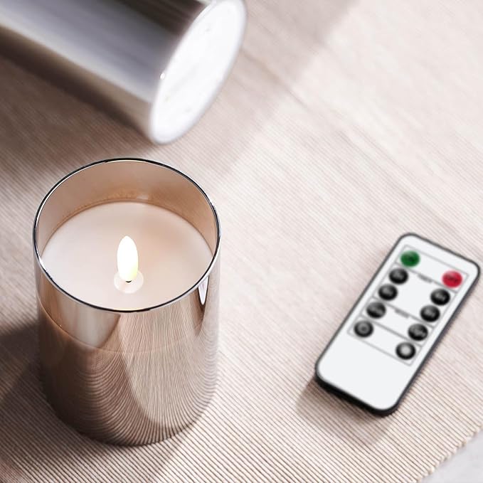 Glass Rechargeable Flameless Candles with Remote Timer, Realistic 3D Wick LED Battery Operated Candles with Flickering Flame,Home Decoration for Wedding Birthday Festival(Grey)-VerdiqueGarden