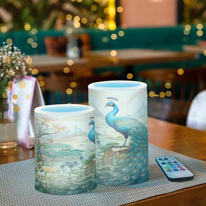Flickering Flameless Candles, Peacock Garden LED Candles with Remote Timer, Set of 2 Battery Operated Candle for Valentine Wedding Birthday-VerdiqueGarden