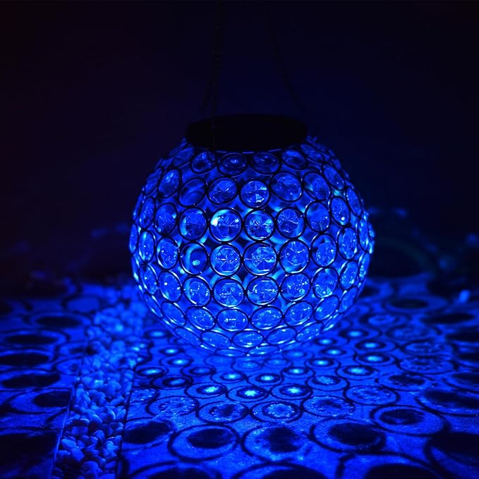 Solar Lantern Hanging Outdoor Christmas Decorative, Dual LEDs Color Changing and Blue Crystal Globe Lamp Hanging Light Waterproof with S Hook Decor in Garden, Pathway, Front Door- Blue-VerdiqueGarden