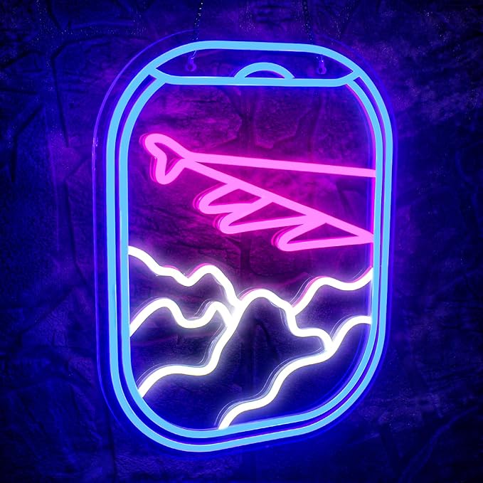 WLHOPE Airplane Window View Neon Signs Blue Pink LED Neon Sign for Wall Decor, USB Plane Window Clouds Neon Light Up Signs for Bedroom Living Room Game Room Office Shop Airport Wall Art Decor-VerdiqueGarden