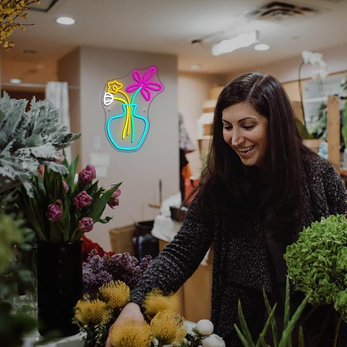 Flower Vase Neon Sign,Dimmable Neon Lights,Neon Flowers Sign for Wall Decor,Anime Flower Shape USB Connectivity Light Up Neon for Kids Room Girls Room Bar Birthday Party-VerdiqueGarden