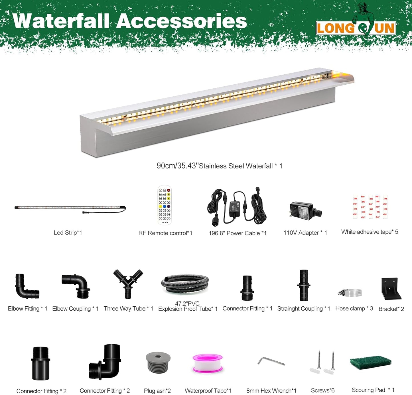 LONGRUN Waterfall Pool Fountain, Updated 5.9'' Wider Open Lip Stainless Steel Waterfall Spillway, Decorative Water Feature for Swimming Pools, Koi Ponds, Spa & Garden - 35.4''-VerdiqueGarden