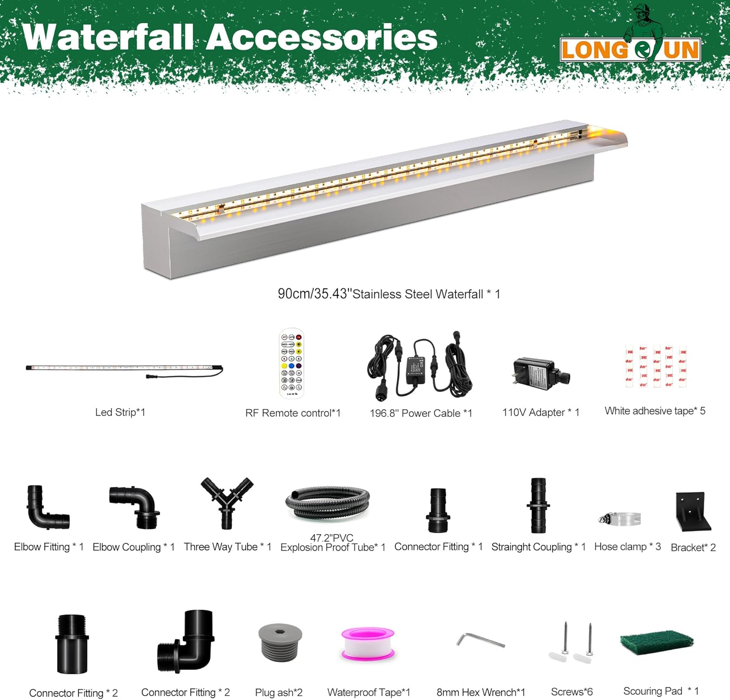 LONGRUN Waterfall Pool Fountain, Updated 5.9'' Wider Open Lip Stainless Steel Waterfall Spillway, Decorative Water Feature for Swimming Pools, Koi Ponds, Spa & Garden - 35.4''-VerdiqueGarden