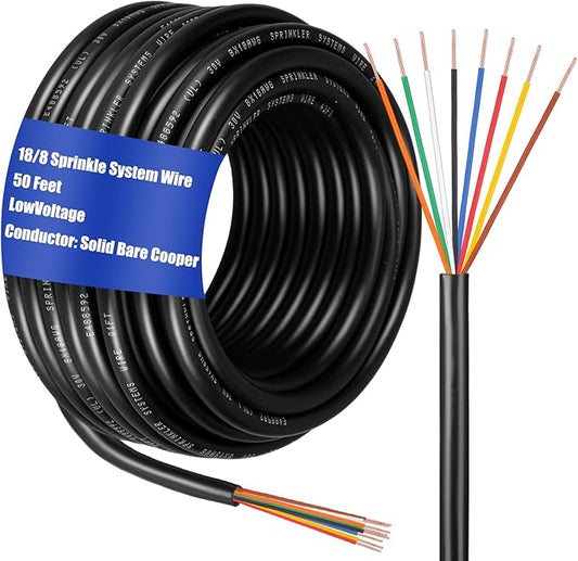 Hoolerry Solid Sprinkler System Wire 18 Gauge Irrigation Wire with UV Resistant PVC Jacket Sprinkler Cable for Underground Irrigation System Field Central Control System 30V, UL Listed (18/8, 50 Ft)-VerdiqueGarden