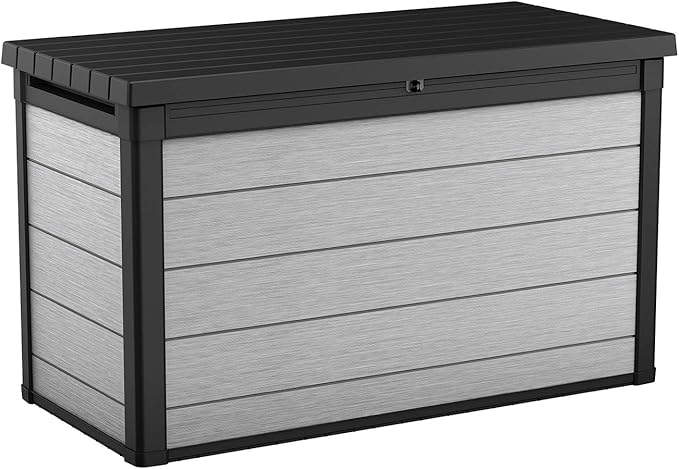 Keter Denali 200 Gallon Resin Large Deck Box with Double Wall 20mm Panels - Paintable and Drillable-Organization and Storage for Patio Furniture and Outdoor Items, Grey & Black-VerdiqueGarden