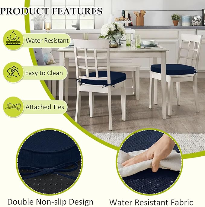 Chair Cushions for Dining Chairs, Indoor Chair Cushions with Ties，Waterproof Chair Pads Set of 6, Navy Blue, 17x16x2.5 Inch-VerdiqueGarden
