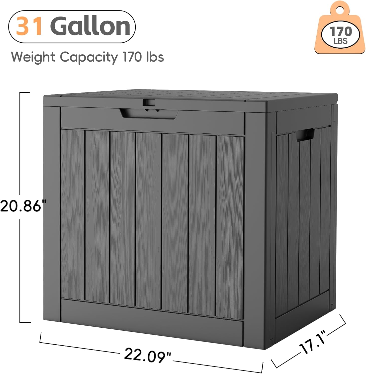 Outdoor Storage Box, 31 Gallon Waterproof Resin Deck Box, Storage Bin for Package Delivery, Patio Furniture Cushion, Garden Tools, Pool Accessories, Weatherproof and UV Resistant, Black-VerdiqueGarden