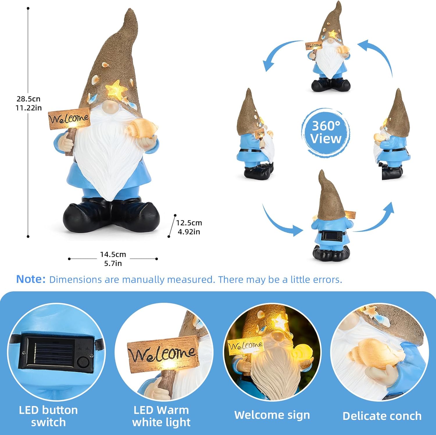 Solar Garden Gnomes Decor Outdoor Statue - Gnome Welcome Sign with LED Waterproof Sculptures Lights, Gnome Pond/Yard Statues Outside Decoration, Home, Lawn, Patio, Resin Ornament, Gardening Gift-VerdiqueGarden