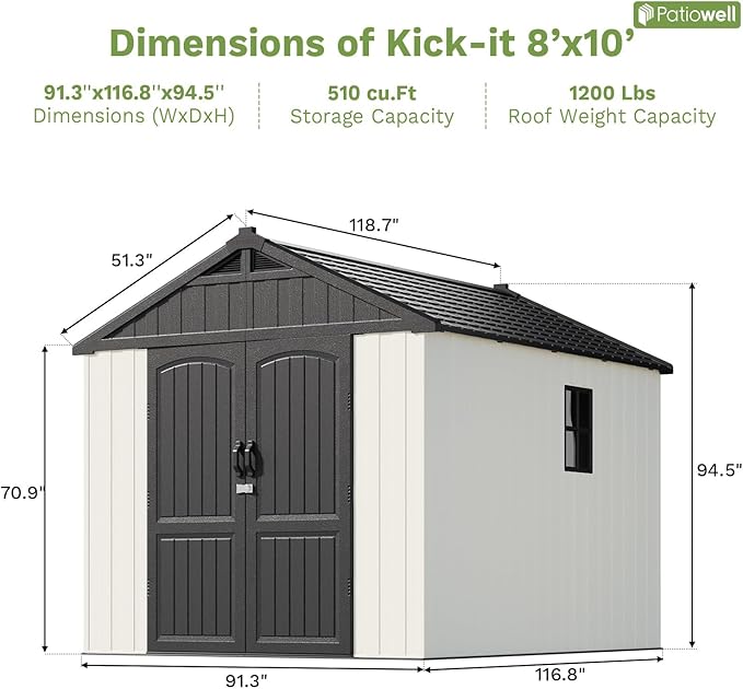Patiowell 8 x 10 FT Resin Outdoor Storage Shed with Floor and Light, Large Plastic Barn with Lockable Door for Garden Tools, Backyard, Bike Storage, Easy Installation in Beige (Kick-it Shed)-VerdiqueGarden